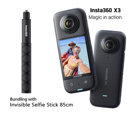 Insta360 One X3 360° Camera Bundling with Invisible Selfie Stick 85 cm